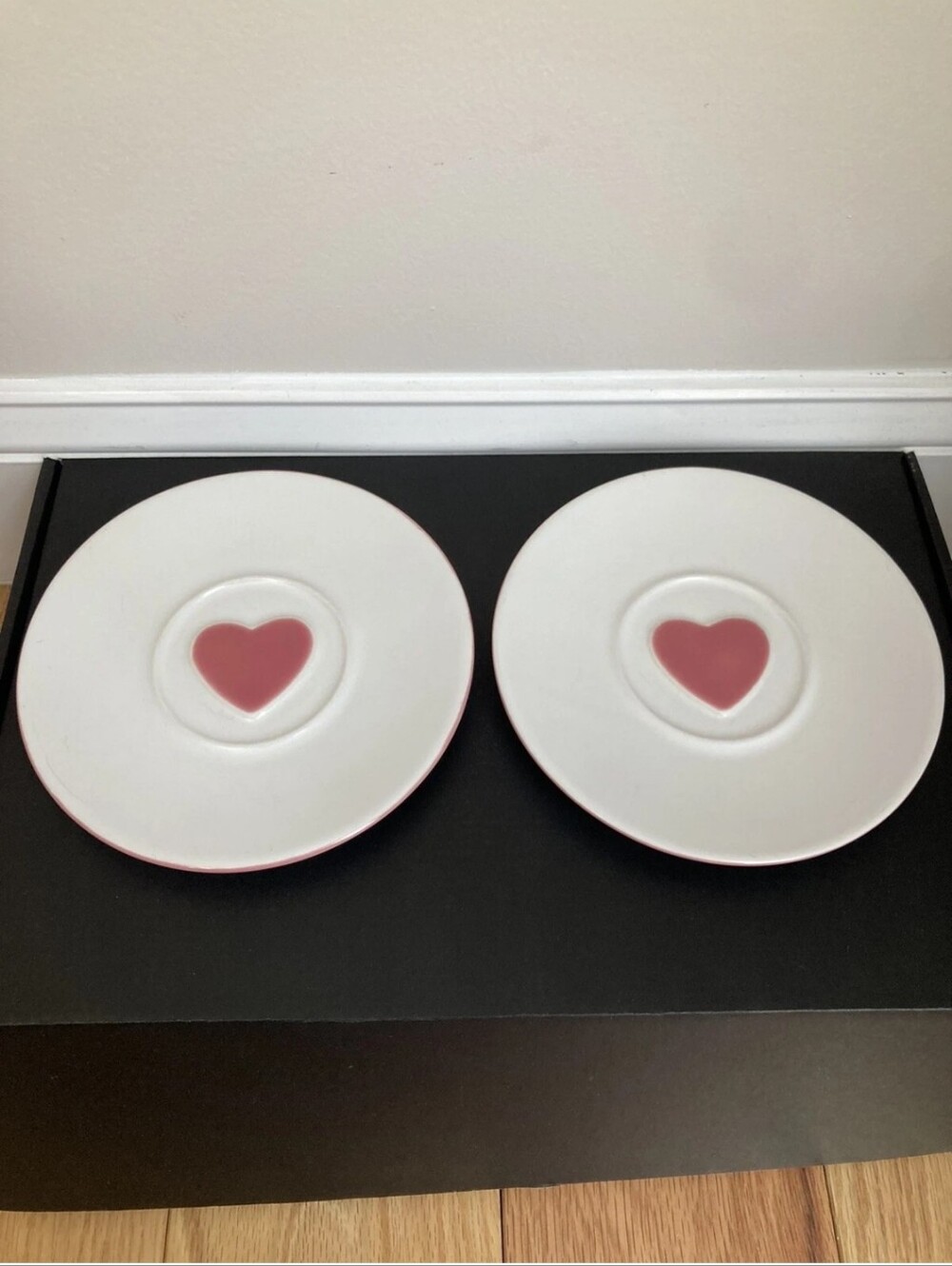 Starbucks Pink White Heart Saucer Plate Set of 2 Small Dessert 2005 Lot Ceramic